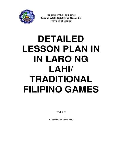 Detailed Lesson Plan in in Laro NG Lahi/ Traditional Filipino .